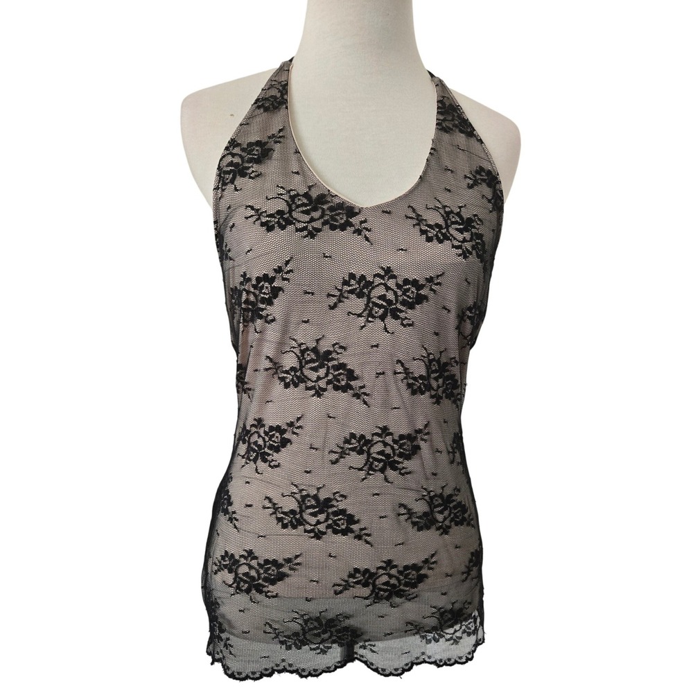 Y2K The Limited Womens Black Floral Lace Halter Top Nude Lining V-Neck Medium